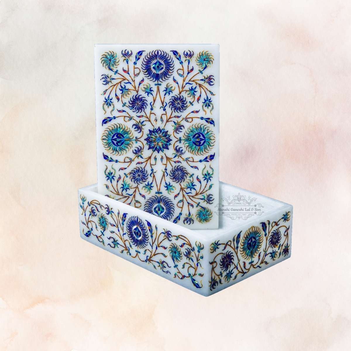 Blue Colour Designed Rectangular Marble Jewellery Box
